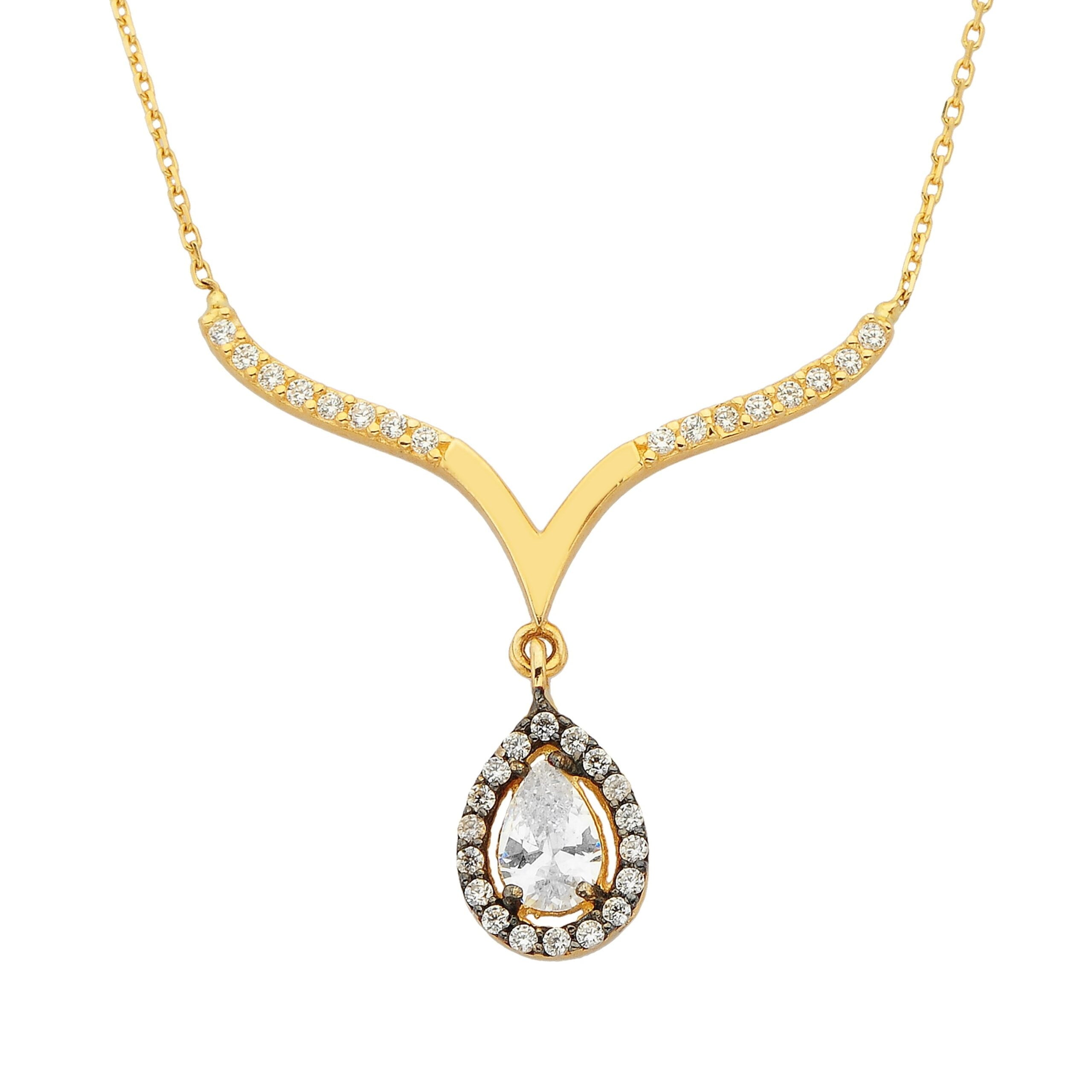 14K Real Solid Yellow Gold Tear Drop Halo Cubic Zirconia Necklace | Tear Drop Pendant Jewelry for Women's Wedding Bridal Christmas Mother's Day Birthday Gift